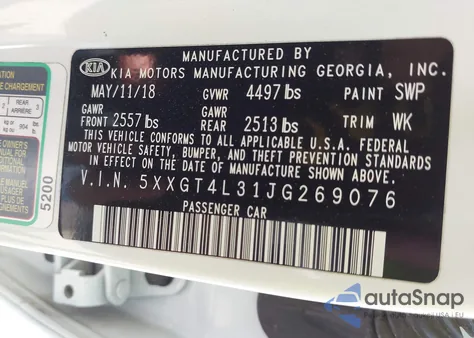 2018 Kia Optima Lx из США, поврежденный, VIN 5XXGT4L31JG269076